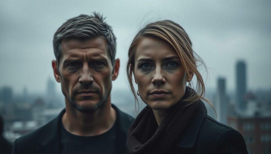 A moody, atmospheric scene of a former couple's separation. In the foreground, a somber, close-up portrait of Bastian Schweinsteiger and Ana Ivanović, their expressions pensive and bittersweet. The middle ground is hazy, with a sense of emotional distance between them. In the background, a blurred, monochromatic cityscape, conveying the idea of a relationship that has unraveled against the backdrop of their public lives. Soft, muted lighting casts a melancholic tone, while the composition draws the viewer's focus to the rawness of the moment. An intimate, contemplative image that captures the essence of a high-profile relationship's end.