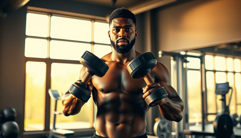 A muscular, shirtless Big Sean standing confidently in a sleek, modern home gym. Warm, natural lighting filters through large windows, casting a glow on his chiseled physique. He is performing a set of dumbbell bicep curls, his facial expression focused and determined. The background features state-of-the-art workout equipment, neatly organized and arranged. The scene conveys Big Sean's dedication to his fitness journey, transforming from a "dad bod" to a sculpted, six-pack physique through a rigorous, disciplined routine.