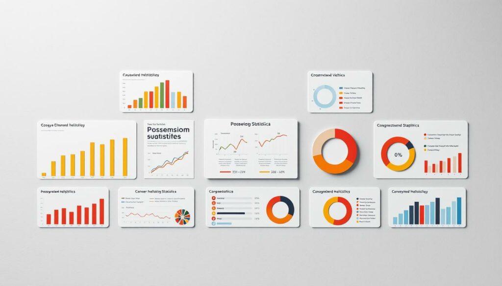 A neatly arranged set of statistical graphics and data visualizations, presented on a clean, minimalist background. The foreground features a variety of intuitive charts and graphs, including bar graphs, line plots, and pie charts, all elegantly designed to convey the key possession statistics. The middle ground showcases a central infographic with clear, concise labeling and well-chosen color palettes to highlight the most relevant data points. The background has a subtle, textured grey tone, providing a refined, professional backdrop that allows the statistics to take center stage. Crisp, balanced lighting casts a soft, even glow across the entire scene, emphasizing the clarity and precision of the data presentation. The overall mood is one of analytical rigor and data-driven insights, perfectly suited to illustrate the "Statistiken: Das sagt die Zahlen" section of the article.