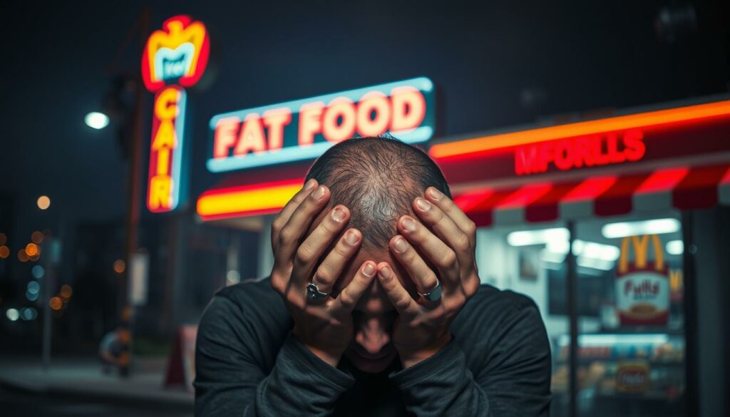 A neon-lit fast food restaurant against a blurred cityscape, the background hazy with city lights. In the foreground, a head clutched in hands, face contorted in pain, representing the debilitating symptoms of migraine. The juxtaposition of the vibrant, artificial environment and the distressed human figure conveys the tension between the allure of unhealthy cravings and the bodily toll they can take. Moody, atmospheric lighting casts dramatic shadows, emphasizing the discomfort. The scene is captured with a cinematic, wide-angle lens, creating a sense of immersion and unease.