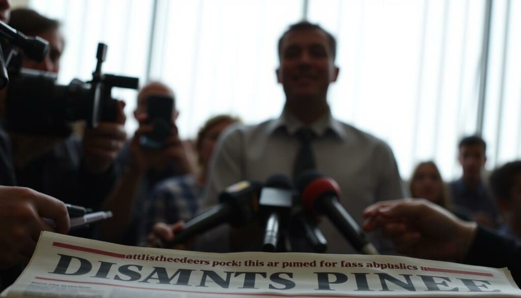 A news headline splashed across the front page, conveying the gravity of the situation. Reporters gathered around, notebooks and microphones in hand, capturing the public's intense reaction. In the background, a blurred silhouette of the alleged offender, his face obscured, representing the legal proceedings and due process. The scene exudes a somber, serious atmosphere, reflecting the weight of the accusations and the need for a measured, ethical response.