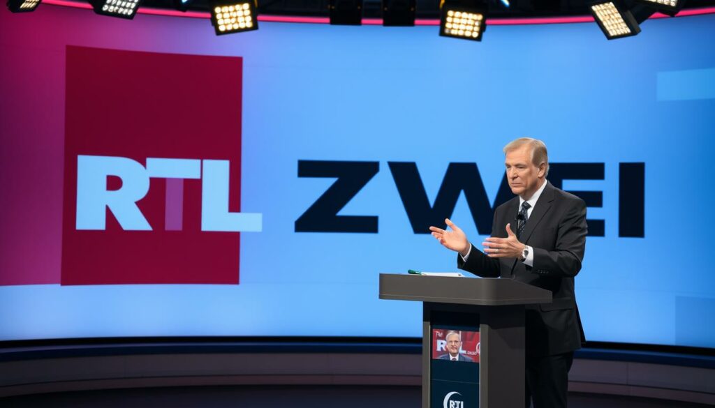 A news studio set with a large RTLZWEI logo prominently displayed on the backdrop. The foreground features a news anchor standing at a podium, gesturing animatedly as they report on the Wollnys' petition. The lighting is warm and professional, with subtle shadows adding depth. The camera angle is slightly low, giving a sense of authority and importance to the news anchor's presentation. The overall mood is one of serious, authoritative reporting on a matter of public interest.