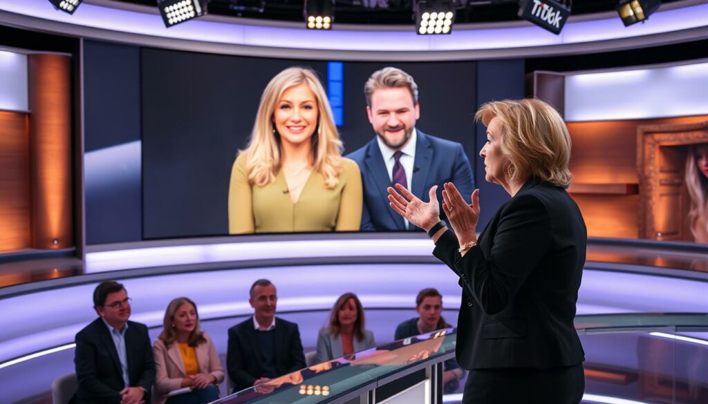A news studio set with a large screen displaying a TikTok video of Helene Fischer and Otto Waalkes. On the foreground, a well-known German TV presenter, Barbara Schöneberger, gesticulating animatedly as she comments on the collaboration between the two celebrities. Bright, professional lighting illuminates the scene, creating a lively and engaging atmosphere. The middle ground features the studio audience, their expressions ranging from excitement to puzzlement, mirroring the public's mixed reactions to the unexpected pairing. The background showcases the studio's sleek, modern design, emphasizing the high-profile nature of the event.