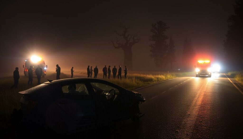 A nighttime scene of a car accident involving Portuguese soccer player Diogo Jota. In the foreground, Jota's car lies wrecked on the side of a dark, rain-soaked country road, its shattered glass and twisted metal illuminated by the flashing lights of emergency vehicles. Farther back, a group of onlookers and first responders attend to the scene. The middle ground is shrouded in a heavy mist, adding to the somber atmosphere. In the distance, the silhouettes of tall, gnarled trees line the road. The lighting is dramatic, with the flashing emergency lights casting an eerie glow over the entire landscape. The overall mood is one of tension and tragedy, reflecting the severity of the accident.
