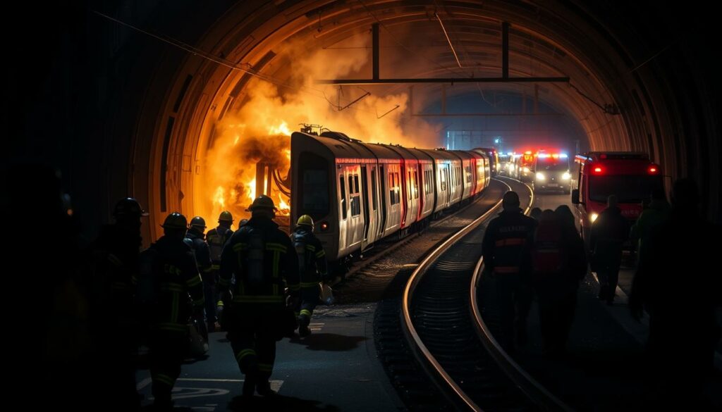 A nighttime scene of a dramatic fire and rescue operation at a stranded high-speed train. In the foreground, a team of firefighters in full gear work swiftly to evacuate passengers from the disabled ICE train, guiding them to safety through the dimly lit tunnel. The middle ground is filled with the flickering flames of the train's damaged cars, casting an eerie glow over the chaotic rescue effort. In the background, emergency vehicles with flashing lights line the tracks, their sirens piercing the darkness. The mood is tense and urgent, conveying the sense of a critical situation unfolding. The lighting is dramatic, with deep shadows and highlights that accentuate the intensity of the scene.