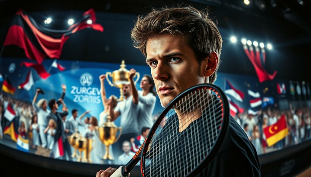 A panoramic, cinematic portrait of Alexander Zverev's career milestones. In the foreground, Zverev stands tall, racket in hand, his piercing gaze conveying his intense focus and determination. The middle ground features a collage of action shots - Zverev's thunderous serves, his acrobatic groundstrokes, and his triumphant fist pumps after winning major titles. The background is a stylized, dreamlike representation of his achievements, with shimmering trophies, tournament logos, and national flags cascading across the frame. The lighting is dramatic, casting deep shadows and highlights that accentuate Zverev's athleticism and the gravity of his accomplishments. The overall composition evokes a sense of awe, celebrating the German tennis star's remarkable career milestones.