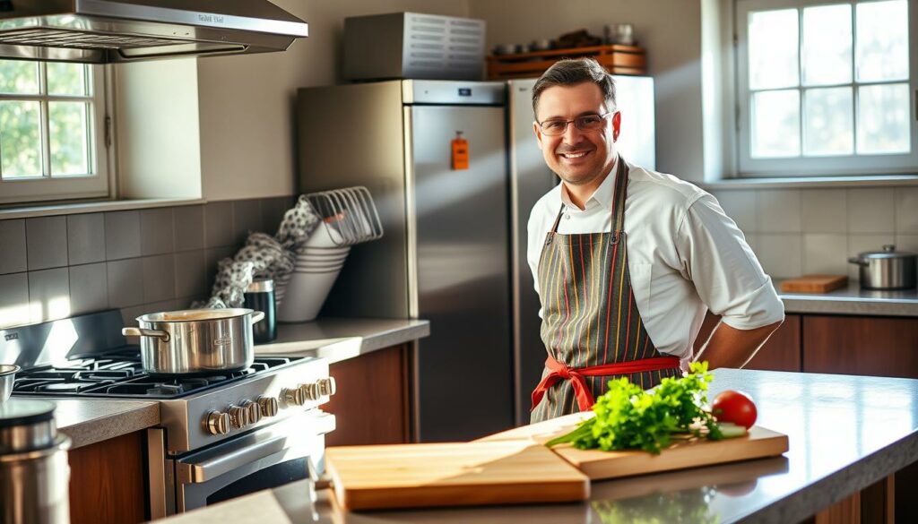 A passionate chef, Christian Tews, stands in a warm, inviting kitchen, a vibrant apron tied around his waist. Sunlight streams through the windows, casting a soft glow on the stainless steel appliances and gleaming countertops. On the stovetop, a simmering pot releases the enticing aroma of a carefully crafted dish, while a wooden cutting board on the counter is adorned with fresh herbs and vegetables, awaiting Tews' expert touch. The scene radiates a sense of culinary mastery and joy, capturing the essence of "Kochen als Leidenschaft" - cooking as a true passion.