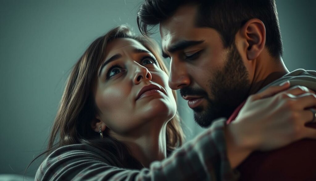 A passionate couple in an intimate embrace, caught in the midst of a tumultuous relationship crisis. The woman, Anne Wünsche, her face etched with a mix of sadness and longing, gazes up at her partner, Karim, whose brow is furrowed with worry. The lighting is soft and dramatic, casting shadows that accentuate the emotional intensity of the moment. The background is blurred, leaving the focus solely on the pair, emphasizing the personal nature of their struggle. The scene conveys the rollercoaster of emotions they have experienced, the highs and lows of their love, as they navigate the complexities of their bond.