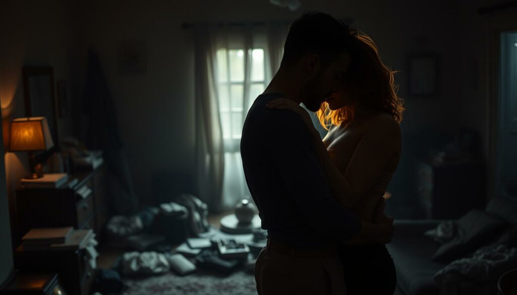 A passionate, tumultuous romance unfolds, set against the backdrop of a dimly lit, moody interior. In the foreground, two figures, locked in a tense embrace, convey the intensity and drama of their relationship. Shadows dance across their faces, hinting at the complexities and unspoken emotions that define their bond. The middle ground features a cluttered, lived-in space, with scattered personal items and mementos that speak to the shared history of the couple. In the background, a subtle, muted color palette creates an atmosphere of introspection and melancholy, mirroring the turbulent nature of their connection. Soft, warm lighting filters through the scene, adding a sense of intimacy and vulnerability. The overall composition evokes the bittersweet and tumultuous nature of a relationship that has weathered many storms.
