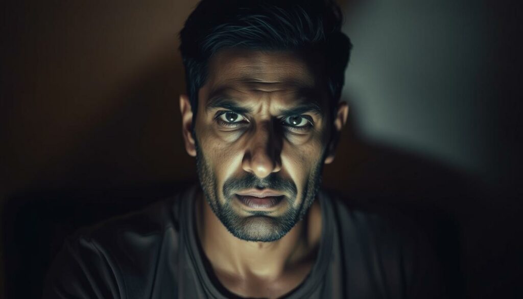 A pensive Jay Khan, his face etched with pain and vulnerability, sits alone in a dimly lit room. Soft, warm lighting accentuates the shadows beneath his eyes, conveying the emotional weight of the revelations he has faced. The background is muted, allowing the viewer's focus to remain on Khan's introspective expression, which evokes a sense of the profound personal impact and aftermath of the sexual abuse he endured. The composition is intimate, shot from a slightly low angle, creating a sense of empathy and connection with the subject. The overall mood is somber, reflective, and contemplative, mirroring the gravity of the situation depicted.
