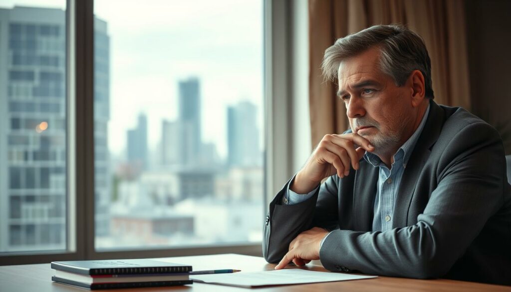 A pensive, middle-aged man sits at a desk, contemplating a decision. The lighting is soft and warm, casting a thoughtful glow on his face. In the background, a large window offers a view of a city skyline, hinting at the broader context of his choice. His expression is one of deep concentration, as if weighing the pros and cons of a significant transition. The scene conveys a sense of gravity and introspection, with the man's posture and demeanor suggesting the weight of the "Entscheidung hinter dem Wechsel" that he is considering.