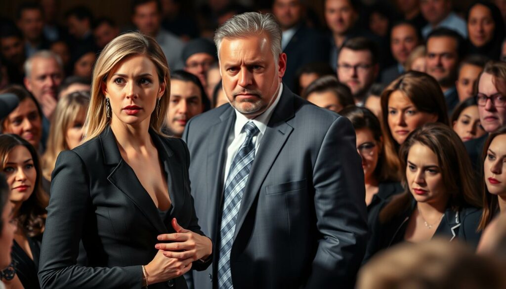 A photo of Alisha Lehmann, the renowned Frauen-EM-Star, standing in a heated debate surrounded by a crowd of onlookers. Lehmann, dressed in a sleek black pantsuit, exudes confidence and determination as she argues her point, her brow furrowed in concentration. In the middle ground, a burly bodyguard in a crisp suit stands nearby, his watchful gaze scanning the crowd. The background is a blur of concerned faces, capturing the intensity of the public reaction to Lehmann's decision to hire personal security. The lighting is dramatic, with sharp shadows and highlights emphasizing the gravity of the situation. The camera angle is slightly elevated, lending a sense of scrutiny to the scene. The overall mood is one of heightened tension and public discourse.