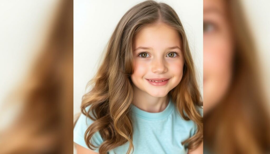 A photo portrait of a young girl, age 12, with long, wavy brown hair and hazel eyes. She has a friendly, open expression, wearing a light blue t-shirt. The image is well-lit, with soft, diffused natural light, conveying a sense of warmth and approachability. The background is slightly blurred, placing the focus on the girl's face and upper body. The overall mood is one of warmth, concern, and the hope of finding this missing child.