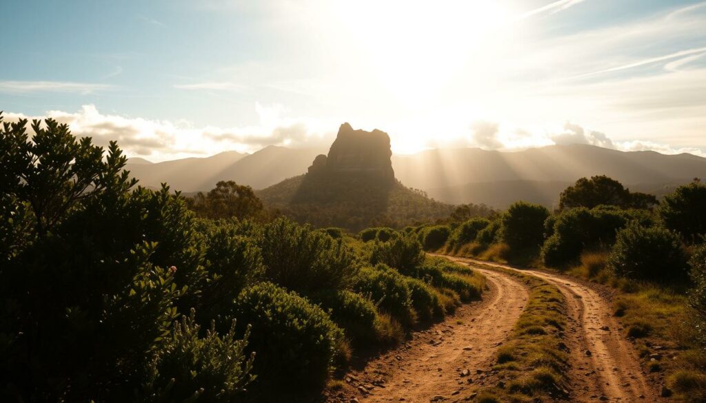 A picturesque Tasmanian landscape, shrouded in a veil of mystery. In the foreground, a solitary dirt path winds through lush, verdant foliage, inviting the viewer to explore. The middle ground features a rugged, rocky outcrop, casting long shadows across the scene. In the distance, a majestic mountain range rises, its peaks partially obscured by wispy clouds. Warm, golden sunlight filters through the canopy, creating a serene, atmospheric ambiance. The overall mood is one of tranquility, tinged with a subtle sense of unease - a fitting backdrop for the tale of a missing Belgian backpacker. The image should captivate and intrigue, hinting at the unknown, without revealing the full story.