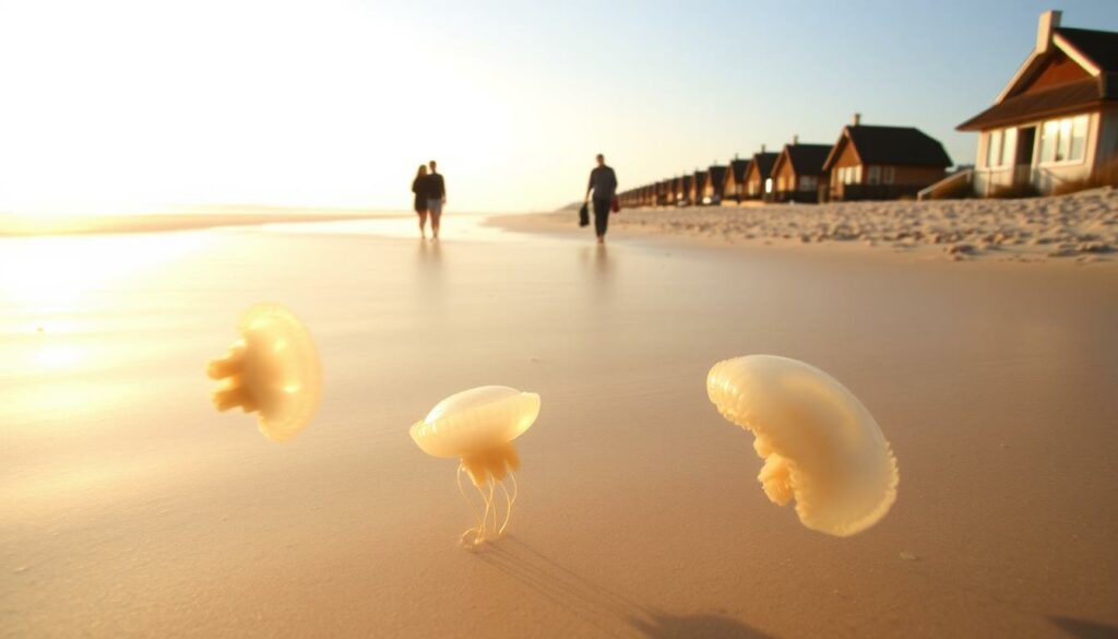 A picturesque beach on the island of Sylt, with a warm, golden afternoon sun casting a soft glow across the sand. In the foreground, a group of jellyfish float gracefully in the shallow waters, their translucent, bell-shaped bodies gently pulsing. In the middle ground, a family walks along the shore, taking care to avoid the jellyfish and observe the posted safety guidelines. The background features a row of charming, thatched-roof cottages and a distant horizon, where the North Sea meets the sky. The overall scene evokes a sense of tranquility and wonder, inviting beachgoers to enjoy the natural beauty of Sylt while exercising caution around the jellyfish.
