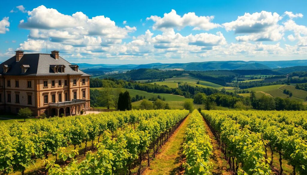 A picturesque winery set against the rolling hills of the Mosel Valley. In the foreground, a grand, stone manor house with intricate architectural details and a inviting, wrought-iron balcony. Rows of neatly trellised grapevines stretch out in the middle ground, their lush, verdant foliage glistening in the warm, golden sunlight. In the background, a serene blue sky dotted with fluffy white clouds, with the distant, hazy silhouettes of the surrounding vineyards and forests. A timeless, family-owned estate exuding an air of tradition, sophistication, and tranquility.