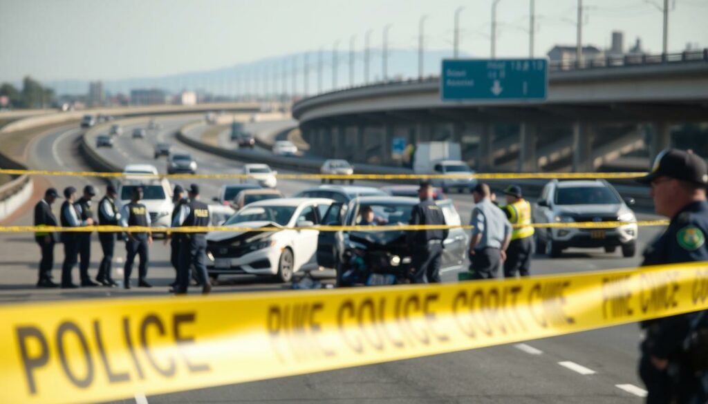 A police cordon surrounds a section of a highway, with several vehicles involved in an incident. In the foreground, a group of emergency responders attend to the scene, their uniforms and equipment visible under natural lighting. In the middle ground, damaged vehicles are positioned, their crumpled frames and shattered glass hinting at the severity of the situation. The background is blurred, but the outline of the highway and surrounding infrastructure can be discerned, creating a sense of context and scale. The overall atmosphere is one of urgency and investigation, with a somber, documentary-like aesthetic.