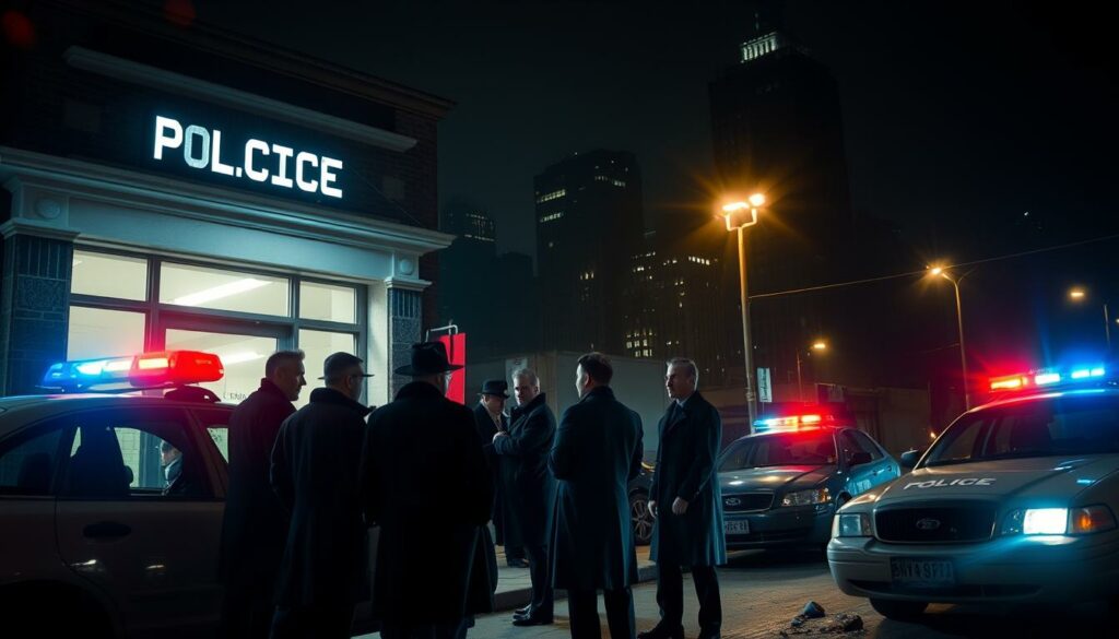A police station at night, its façade illuminated by the flickering blue and red lights of patrol cars. Detectives in trenchcoats and fedoras stand outside, discussing evidence and leads as they unravel a complex criminal investigation. The air is thick with tension, the streetlamps casting long shadows that shroud the scene in an air of mystery. In the background, the silhouettes of skyscrapers loom, a stark reminder of the urban landscape in which this drama unfolds. The attention to detail is precise, capturing the gritty realism of a high-stakes criminal inquiry, the mood a seamless blend of noir-esque suspense and the relentless pursuit of justice.