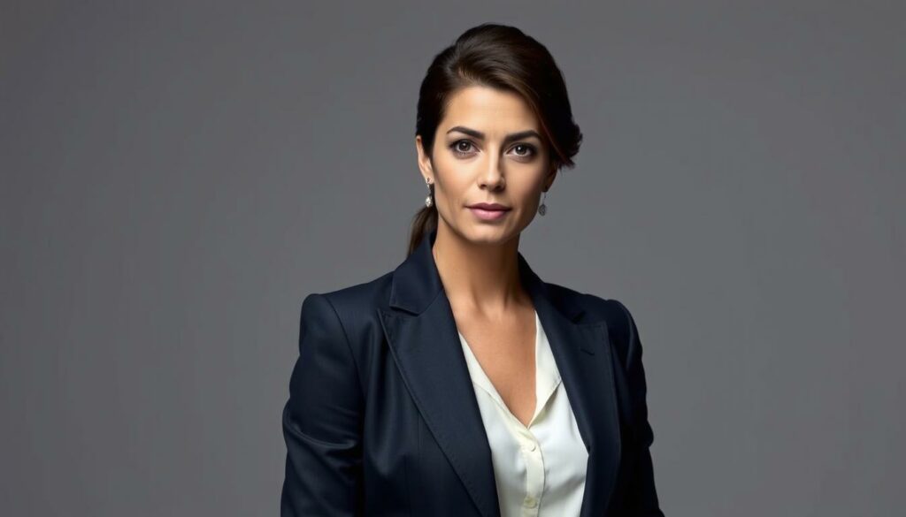 A portrait of Amal Clooney, the renowned human rights lawyer, standing confidently in a well-lit studio setting. She is dressed in a crisp, navy blue blazer and white blouse, her brunette hair styled in a sleek, professional updo. Her gaze is direct and determined, conveying her commitment to justice and human rights. The background is a muted, neutral tone that allows the subject to be the focal point. Soft, directional lighting accentuates the planes of her face, creating depth and dimension. The overall mood is one of authority, intelligence, and a quiet strength that reflects Amal Clooney's professional persona and her role as the partner of George Clooney.