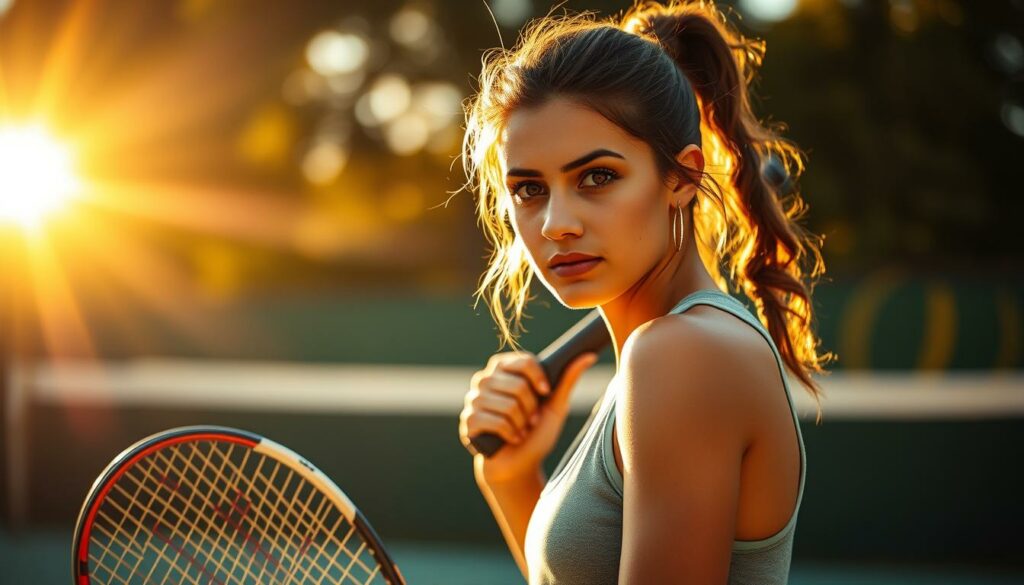A portrait of Jaz Elle Agassi, a young and ambitious tennis player, standing on a well-lit tennis court, racket in hand, with a determined expression on her face. The background is blurred, emphasizing the focus on her. Warm, golden sunlight bathes the scene, conveying a sense of success and achievement. Subtle lens flare adds a cinematic, aspirational quality. The composition is dynamic, with Jaz leaning forward, ready to take on her next challenge. This image captures the essence of her career and the drive that propelled her to the top of the sport.