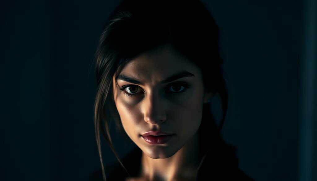 A portrait of Sally Özcan, a young woman with striking features and an intense, focused gaze. She stands against a backdrop of a dimly lit, minimalist studio setting, the lighting casting dramatic shadows across her face. Özcan's expression conveys a sense of candor and authenticity, as if she is speaking "Klartext" - plain and unfiltered truth. The image has a cinematic quality, with a shallow depth of field that draws the viewer's attention to her captivating presence. The overall mood is contemplative and introspective, hinting at the personal story behind the "Liebesgerüchte" referenced in the article.