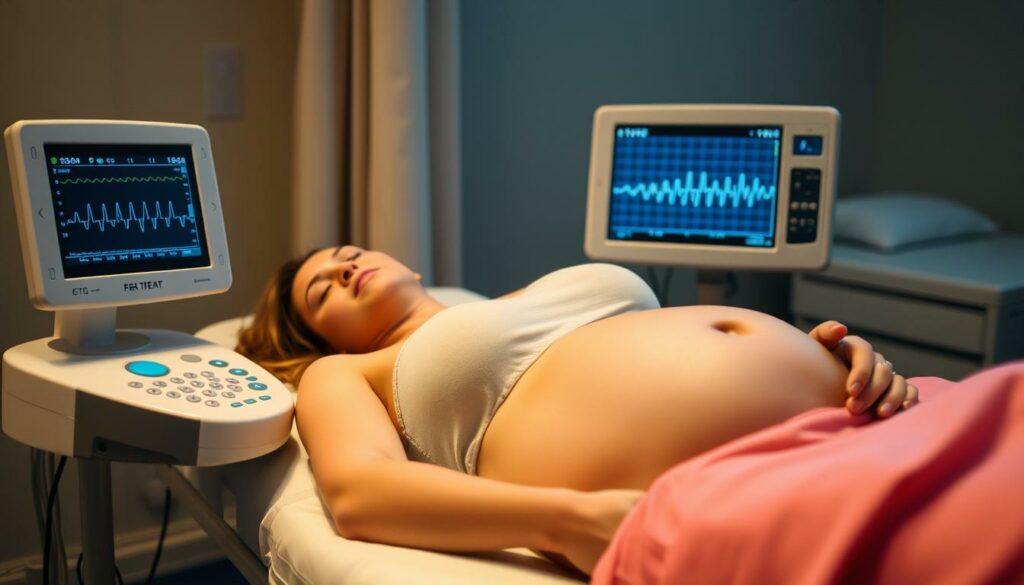 A pregnant woman lying on an examination table, undergoing fetal heart rate monitoring with a CTG (cardiotocography) device. The room is dimly lit, with soft, warm lighting illuminating the scene. The woman's expression is one of calm focus, her hands resting gently on her baby bump. The CTG machine displays a real-time graph of the fetal heartbeat, providing reassurance and insight into the baby's well-being. The background is blurred, suggesting a medical setting, with subtle hints of medical equipment or furnishings. The overall atmosphere conveys a sense of care, attentiveness, and the importance of monitoring the pregnancy during this sensitive time.