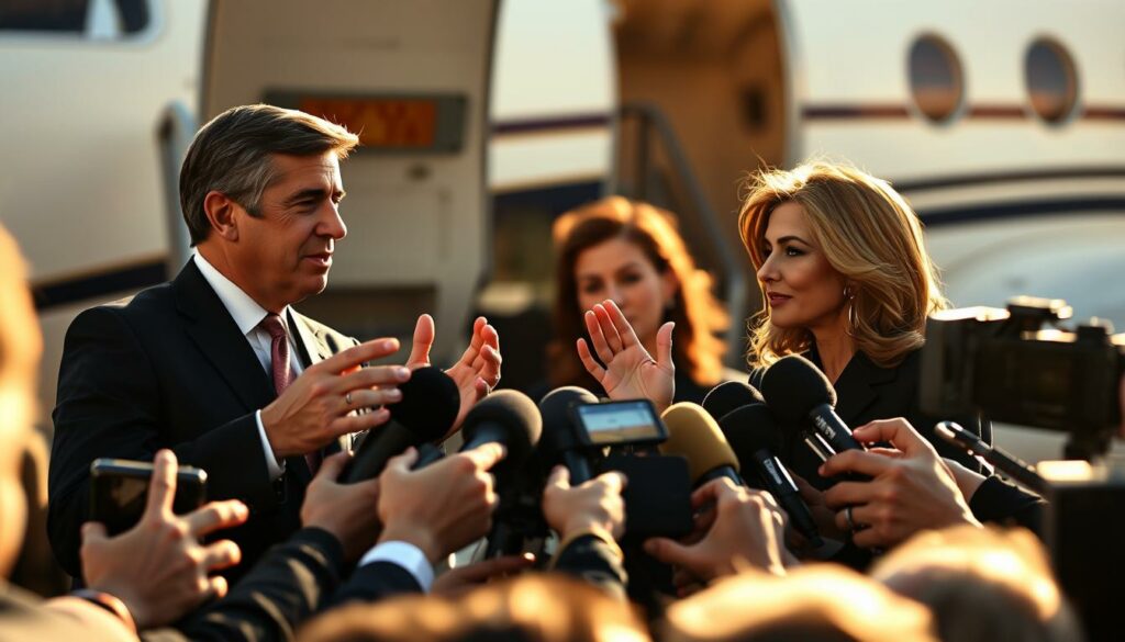 A press conference of the French presidential couple, captured in a candid, behind-the-scenes moment. The scene unfolds against the backdrop of a private jet, its sleek silhouette framing the couple as they interact with the assembled media. Sunlight filters in, casting a warm, golden glow and adding a sense of intimacy to the moment. The president and first lady, dressed in formal attire, gesture expressively, their faces reflecting a mix of poise and the subtle tension of the media scrutiny. In the foreground, reporters lean in, microphones and cameras at the ready, capturing the fleeting, viral-worthy interactions that captivate the public's attention.