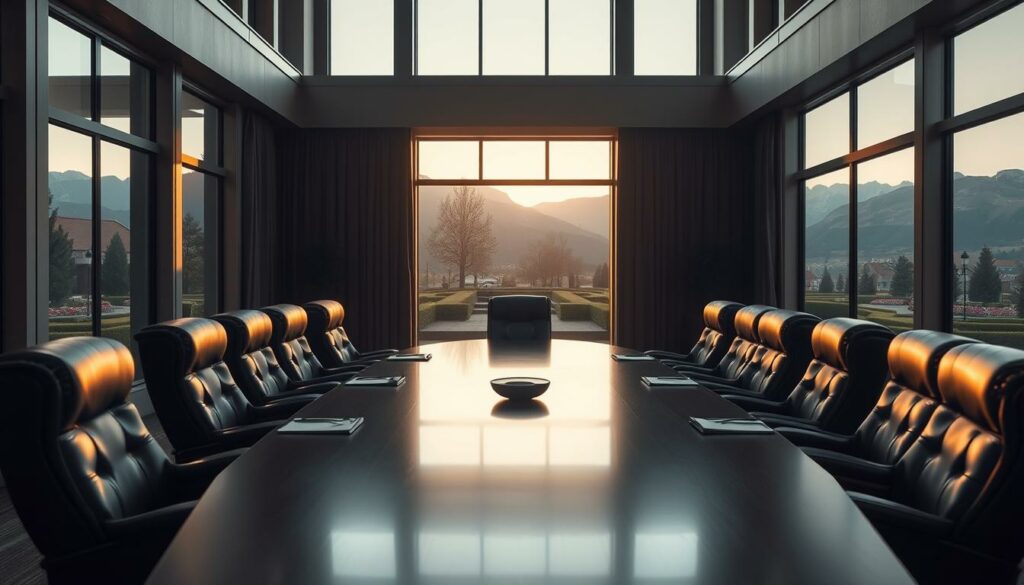 A private enclave nestled in the idyllic Sun Valley, where billionaires gather in hushed tête-à-têtes, their faces cast in the warm glow of the setting sun. A discreet conference table, surrounded by high-backed leather chairs, sets the stage for clandestine negotiations. Tall windows offer glimpses of manicured gardens and distant mountain peaks, creating an atmosphere of exclusivity and power. The muted color palette evokes the secrecy and weight of the discussions, as titans of industry and finance make deals that shape the world beyond these hallowed walls.