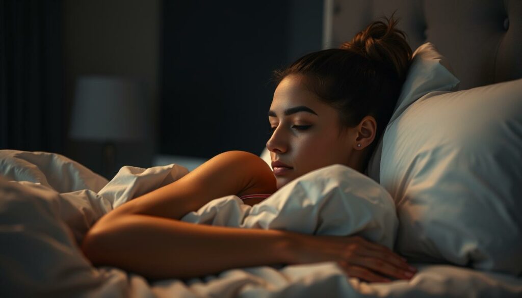 A professional female athlete resting comfortably in her bed, her surroundings exuding a sense of serenity and focus. In the foreground, the athlete's face is tranquil, her eyes closed as she savors a deep, restorative sleep. The middle ground features her high-quality bedding, the sheets and pillows reflecting her attention to detail and the importance she places on quality rest. In the background, the room is dimly lit, creating a calming atmosphere with soft, warm lighting that enhances the overall mood of the scene. The image conveys the athlete's dedication to her craft and the vital role that sleep plays in her performance and recovery.