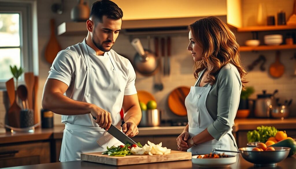 A professional soccer player, dressed in a crisp, white chef's apron, stands in a well-equipped kitchen alongside the charming television personality, Laura Wontorra. The scene is bathed in warm, golden lighting, casting a cozy and inviting atmosphere. The player's expression is one of focused concentration as he deftly chops fresh vegetables, while Wontorra observes with an eager, animated demeanor, ready to learn from her esteemed guest. In the background, an array of cooking utensils and ingredients create a visually compelling mise-en-scène, hinting at the delectable dish they are preparing together. The overall impression is one of camaraderie, culinary expertise, and a shared passion for both food and sport.