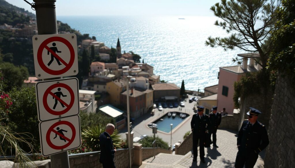 A quaint Italian town nestled in the hills, Portofino's picturesque harbor is now shrouded in a haze of new regulations. In the foreground, a signpost displays a series of pictograms - no barefoot walking, no diving, no loitering. The middle ground features the charming pastel-colored buildings and winding cobblestone streets, their tranquility disrupted by the presence of uniformed officials enforcing the new decrees. In the background, the sparkling azure waters of the Ligurian Sea provide a serene contrast, hinting at the town's former carefree spirit now constrained by a web of prohibitions. The scene conveys a sense of whimsical frustration, as Portofino's timeless beauty is overshadowed by the bureaucratic intrusions of "neue Verbote".
