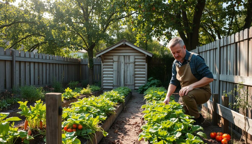 A quaint Schrebergarten nestled in the outskirts of Weißenfels, Dieter Albrecht's private oasis. Weathered wooden fences enclose a lush, meticulously tended vegetable patch, with rows of carrots, lettuce, and tomatoes. A small, charming shed stands in the middle, its slanted roof and peeling paint hinting at years of dedicated care. Sunlight filters through the canopy of apple trees, casting a warm, golden glow over the scene. Dieter, clad in well-worn overalls, kneels among his plants, tending to them with a sense of tranquility and purpose. The atmosphere exudes a serene retreat from the troubles of the outside world, a haven where Dieter can find solace and escape.