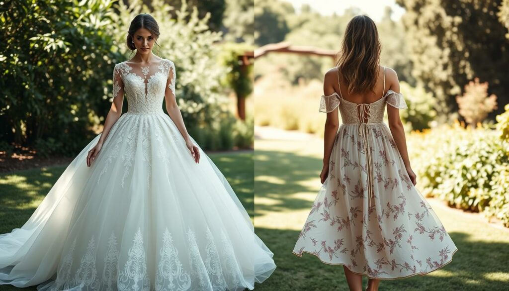 A regal ballgown-style wedding dress with a voluminous skirt and intricate lace detailing, juxtaposed against a more bohemian, free-flowing midi dress with delicate floral patterns and a bare-shouldered silhouette. The two contrasting bridal looks are set against a backdrop of a sun-dappled garden, with lush greenery and a hint of a rustic wooden arch in the distance. Soft, diffused lighting casts a warm, romantic glow over the scene, creating an air of ethereal elegance and a sense of timeless, sartorial duality.