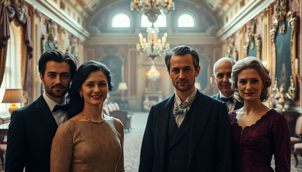 A regal family gathered in the serene Huis ten Bosch palace, their elegant attire and dignified poses conveying a sense of timeless grandeur. The foreground features the central figures, their faces softly illuminated by warm, diffused lighting that casts subtle shadows, creating depth and dimensionality. In the middle ground, the ornate interiors of the palace provide a lavish backdrop, with intricate tapestries, gilded furnishings, and ornate architectural details. The background recedes into a hazy, dreamlike atmosphere, suggesting the family's privileged and secluded world. The overall composition is balanced and harmonious, capturing the essence of the Dutch royal family in a manner befitting their esteemed status.