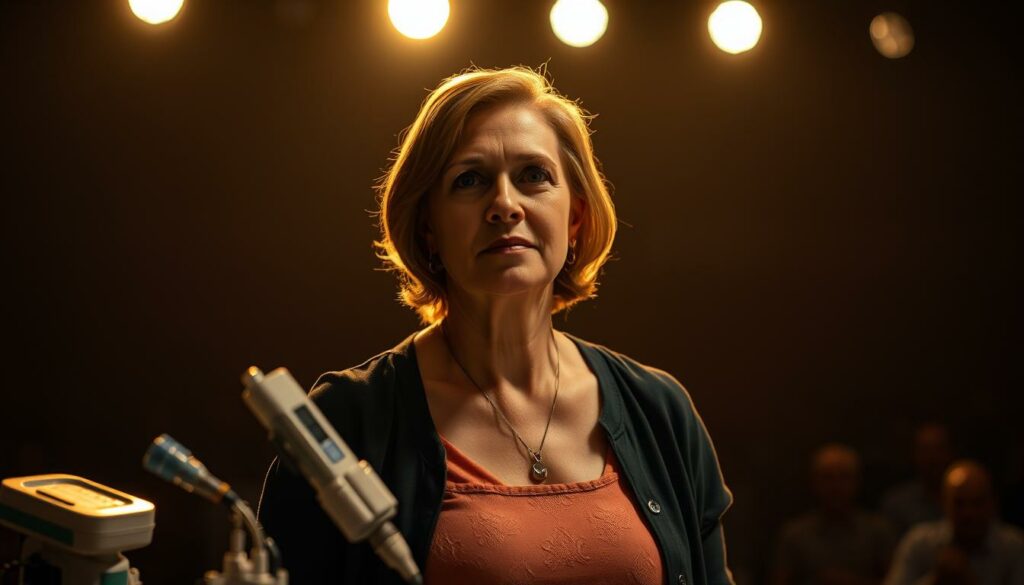 A resolute woman, Anna Planken, stands tall against the backdrop of a dimly lit stage. Her expression is one of unwavering determination as she battles the cancer that has invaded her body. The lighting casts dramatic shadows, accentuating the lines of her face and the strength in her posture. In the foreground, medical equipment and hospital paraphernalia hint at the challenges she has faced, while the blurred audience in the background represents the public support she has garnered in her fight. The scene conveys a powerful narrative of a courageous individual confronting a formidable adversary, with a sense of resilience and hope radiating through the composition.