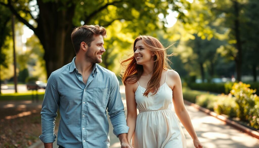 A romantic, candid snapshot of Dominik Stuckmann and his girlfriend Anna Rossow strolling hand-in-hand through a sun-dappled city park. Dominik, casually dressed in a button-down shirt and jeans, gazes adoringly at Anna, who walks beside him in a flowing sundress, her auburn hair blowing softly in the breeze. The couple exude an aura of youthful, carefree happiness as they navigate the tree-lined path, oblivious to the camera's watchful eye. Soft, warm lighting filters through the verdant foliage, casting a gentle glow on their faces and creating an intimate, almost dreamy atmosphere. The scene conveys a sense of the couple's deep connection and the current state of their blossoming relationship.