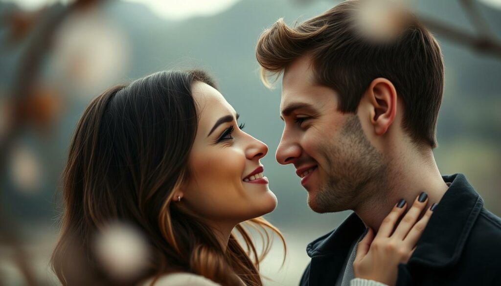 A romantic close-up portrait of Bianca Heinicke and Timothy Hill, her partner, set against a softly blurred background. Bianca's gaze is warm and affectionate as she leans in towards Timothy, their faces almost touching. Timothy's expression is tender, his eyes filled with adoration as he gazes back at Bianca. Soft, diffused lighting bathes the couple in a gentle, intimate glow, creating a sense of intimacy and connection. The image is captured with a shallow depth of field, allowing the subjects to stand out in sharp focus while the background melts into a dreamy, atmospheric blur.