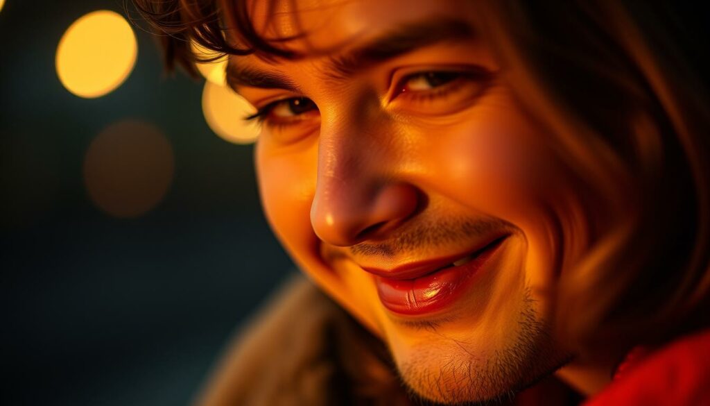 A romantic close-up portrait of Daniel Völz, his gaze soft and hopeful, a gentle smile playing on his lips. The lighting is warm and flattering, highlighting his handsome features. The background is softly blurred, placing the focus entirely on his face. The mood is one of newfound love and optimism, conveying a sense of happiness and contentment. The image has a cinematic, high-quality feel, captured with a medium-format camera lens for a shallow depth of field.
