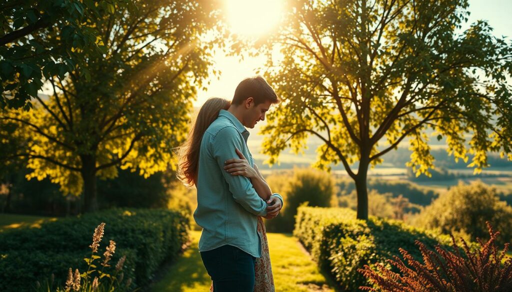 A romantic couple embracing passionately in a lush, verdant garden. Andrej and Annika stand in the foreground, their bodies intertwined, lost in a tender moment. Soft, golden sunlight filters through the canopy of trees, casting a warm, dreamy glow over the scene. In the background, a picturesque landscape unfolds, with rolling hills and a clear blue sky. The mood is one of rekindled love, second chances, and the power of perseverance. The composition is balanced, with the couple positioned centrally, their embrace drawing the viewer's eye. The overall aesthetic is painterly, with a sense of timelessness and emotional resonance.
