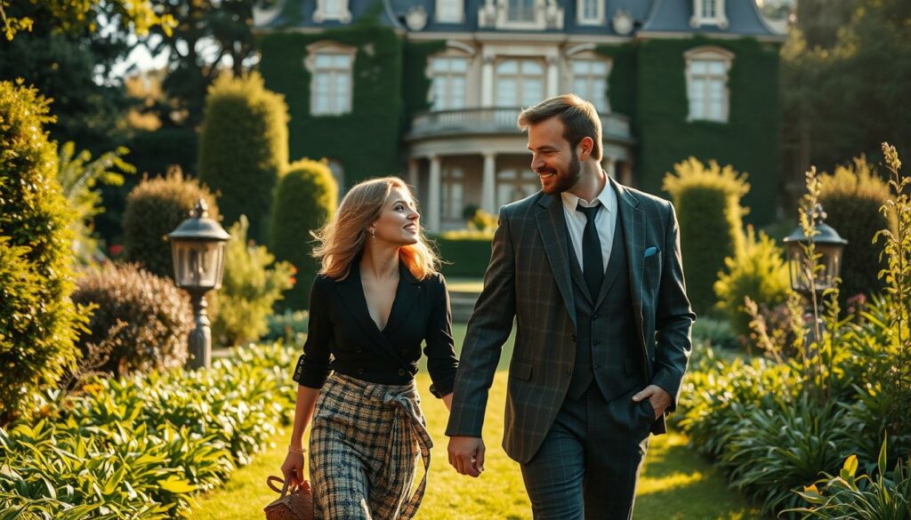 A romantic couple strolling hand-in-hand through a lush, verdant garden. Claudia Obert, a stylish and alluring woman, gazes adoringly at her companion, Max Suhr, a tall, distinguished gentleman with a warm, charismatic smile. The afternoon sunlight casts a soft, golden glow, creating an atmosphere of intimacy and contentment. In the background, a magnificent estate with ornate architecture frames the scene, hinting at the privileged lives of this unconventional pair. The composition is elegantly balanced, drawing the viewer's attention to the couple's connection and the unique nature of their relationship.