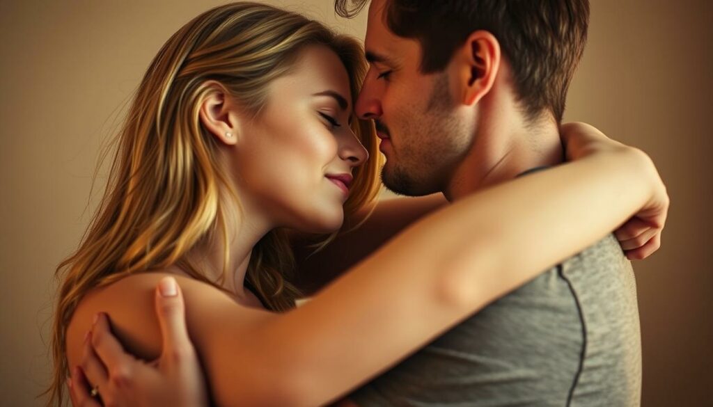 A romantic, intimate portrait of Annika Jung and Andrej Mangold, their bodies intertwined in a passionate embrace. The soft, warm lighting casts a gentle glow, highlighting the tenderness and vulnerability of their connection. The background is softly blurred, drawing the viewer's focus to the couple's faces as they gaze deeply into each other's eyes, lost in the moment. The composition is balanced and elegant, capturing the ups and downs of their relationship with a sense of emotional intensity and authenticity.