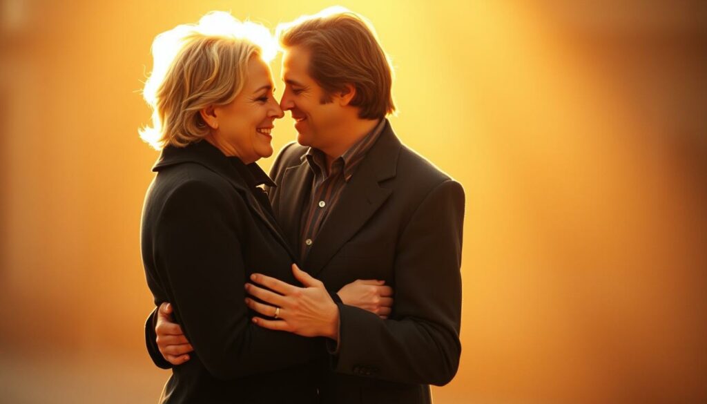 A romantic portrait of French music icons Michel Berger and France Gall, captured in a soft, nostalgic light. The couple stands together, their faces turned towards each other with an intimate, loving gaze. Berger's arm gently encircles Gall's waist, while she leans into him, their bodies intertwined. The background is blurred, keeping the focus on their private moment. The lighting is warm and flattering, casting a golden glow that highlights their features and the connection between them. The overall mood is one of tenderness, vulnerability, and the quiet resilience of a deep, enduring bond.