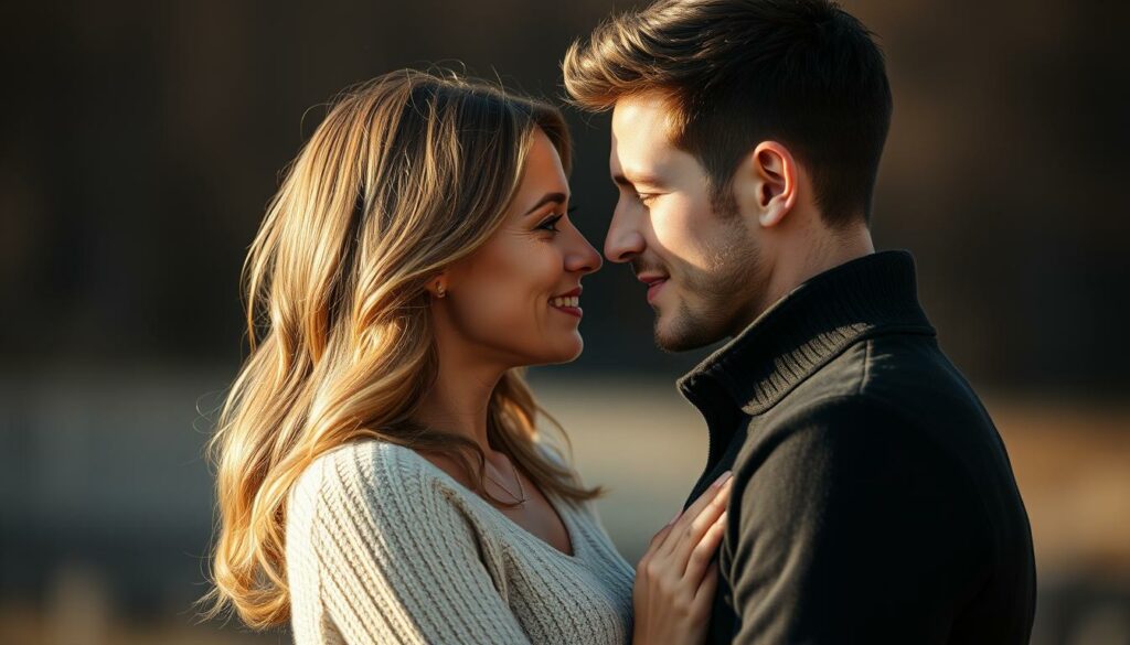 A romantic portrait of German TV presenter Laura Wontorra and football player Simon Zoller, captured in a warm, natural lighting. They stand closely together, gazing into each other's eyes, their expressions conveying a deep, genuine connection. The background is softly blurred, placing the focus on the couple and their intimate moment. The composition is well-balanced, with the subjects positioned slightly off-center, creating a sense of intimacy and drawing the viewer into their personal space. The overall mood is one of tenderness, affection, and the blossoming of a loving relationship between the two public figures.