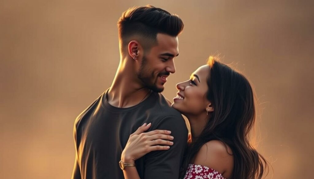 A romantic portrait of Neymar Jr. and Bruna Biancardi, their faces gazing tenderly at each other against a soft, out-of-focus background. Warm, golden lighting illuminates their features, creating a sense of intimacy and affection. The couple is positioned centrally, with Neymar's arm gently wrapped around Bruna's waist, drawing them close together. Their expressions convey a deep, genuine connection, hinting at the tumultuous history and recent developments in their relationship. The scene is captured through a medium-range lens, focusing on the subjects while leaving the surroundings in a dreamy, atmospheric blur.