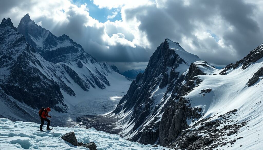A rugged alpine landscape under a dramatic sky, with towering snow-capped peaks and jagged rock formations. In the foreground, a lone mountaineer navigates a treacherous ice field, roped and equipped for the treacherous conditions. The middle ground features a steep, exposed ridgeline, where loose rocks and unstable snow create an ever-present danger. In the background, ominous storm clouds loom, casting an ominous shadow over the scene. The lighting is moody and atmospheric, with shafts of sunlight breaking through the clouds and illuminating the harsh, unforgiving environment. The overall mood conveys the inherent risks and challenges of high-altitude mountaineering, where a single misstep can have dire consequences.