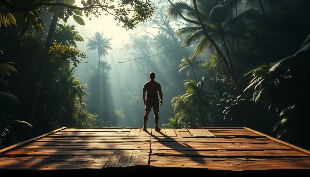 A rugged jungle landscape, dense with lush foliage and towering trees. In the foreground, a weathered wooden platform serves as the stage for the Dschungelcamp challenges, its surface worn and uneven. Sunlight filters through the canopy, casting warm, dappled shadows across the scene. On the platform, a lone figure stands, facing the unknown, their silhouette backlit by the natural light. The air is thick with the sounds of the jungle - the chirping of birds, the rustling of leaves, and the distant call of exotic creatures. The atmosphere is one of adventure, isolation, and the personal struggle to overcome physical and mental obstacles in this remote, unforgiving environment.