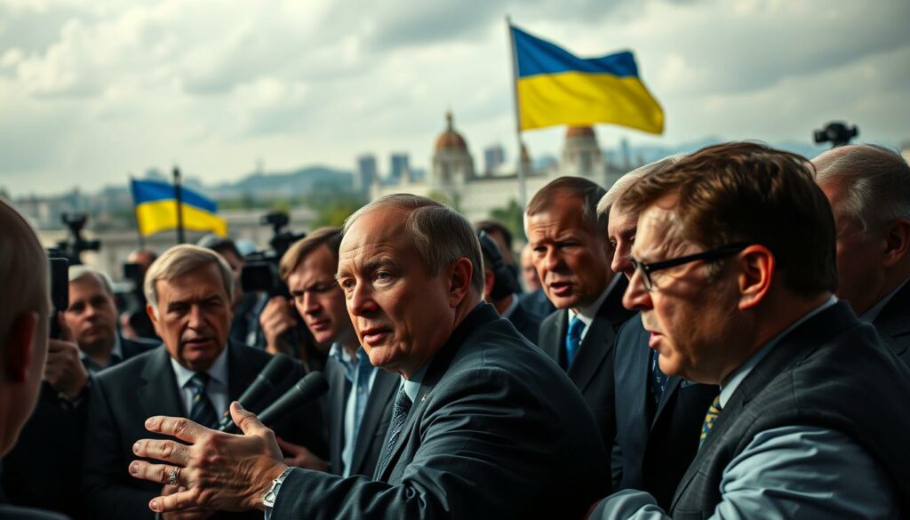 A scene of intense political reactions unfolding against the backdrop of the Ukraine crisis. In the foreground, a group of political leaders engaged in heated discussions, gesturing emphatically and expressions conveying a range of emotions from concern to defiance. The middle ground features a news media hub, with reporters and camera crews capturing the events, the glow of electronic screens illuminating their faces. In the distant background, a skyline of government buildings and the Ukrainian flag, symbolic of the geopolitical tensions at the heart of the matter. Lighting is dramatic, with contrasting shadows and highlights to heighten the sense of urgency and importance. The overall mood is one of high-stakes diplomacy and the weight of global consequences.