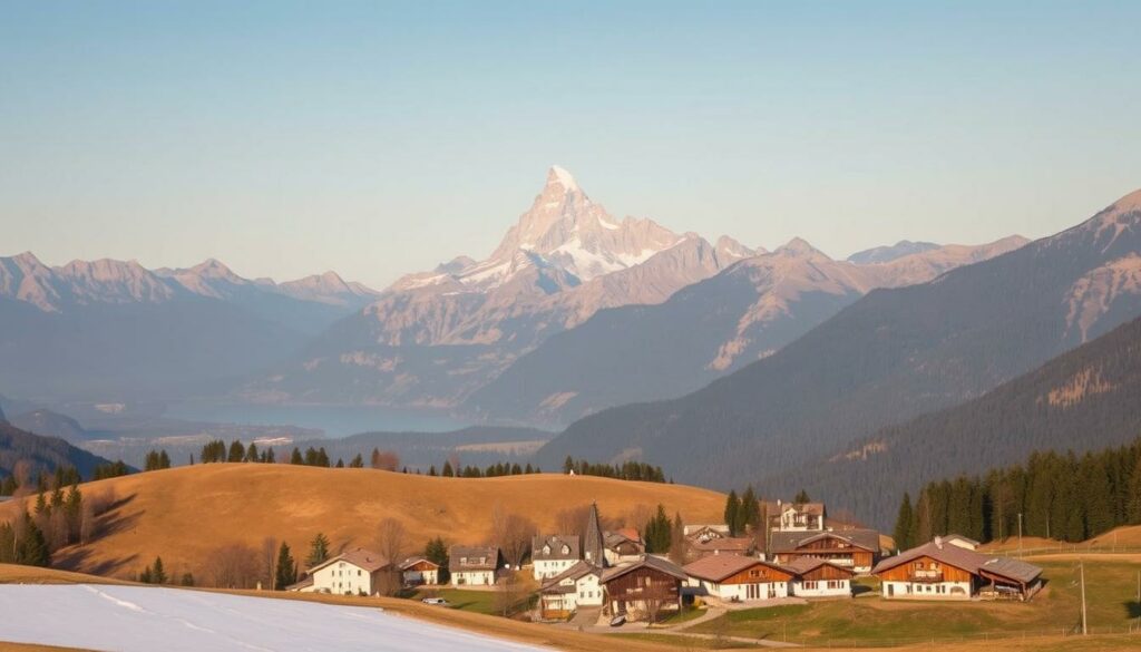 A scenic alpine landscape, the Ramsau Dachstein Tourismus region comes into view. In the foreground, a quaint mountain village nestled among rolling hills, its charming wooden chalets and inns bathed in warm, golden light. The middle ground features a majestic, snow-capped peak of the Dachstein massif, its jagged silhouette reflected in a serene alpine lake. In the background, a panorama of rugged, craggy mountains stretches out, their slopes dotted with lush, verdant forests. The scene is captured through a wide-angle lens, creating a sense of depth and grandeur. The overall mood is one of tranquility and natural beauty, perfectly capturing the essence of this picturesque alpine destination.