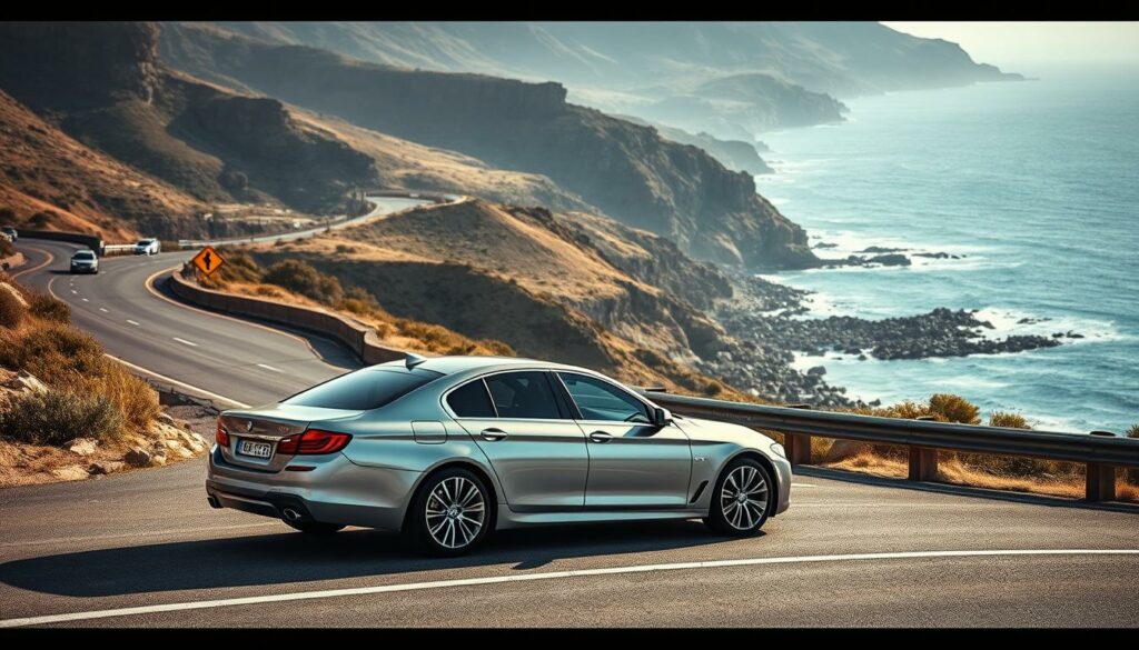 A scenic highway winding through the rugged terrain of Sardinia, Italy. In the foreground, a sleek, luxury sedan sits motionless, its shiny exterior marred by signs of a recent collision. The midground captures the dramatic coastline, with towering cliffs and azure waters crashing against the rocky shore. In the background, the rolling hills are bathed in a warm, golden glow, creating a sense of tranquility that belies the tragedy unfolding. The lighting is soft and diffused, casting long shadows and highlighting the tactile details of the environment. The camera angle is slightly elevated, providing a sense of depth and perspective to the scene. The overall mood is contemplative, inviting the viewer to ponder the events that led to this moment.