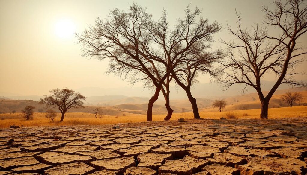 A scorching sun beats down on a parched, arid landscape in central Turkey. In the foreground, cracked, dry earth cracks underfoot as a hot, dusty wind whips through the air. Towering, sparse trees sway ominously, their leaves withered and brown. In the middle ground, rolling hills of golden, sun-bleached grass stretch out as far as the eye can see, hazy and shimmering in the intense heat. The hazy horizon is dotted with the silhouettes of distant mountains, their peaks obscured by a hazy, opaque atmosphere. An unsettling, ominous mood pervades the scene, conveying the harsh, unforgiving conditions fueling the raging wildfires ravaging this beloved Turkish holiday region.